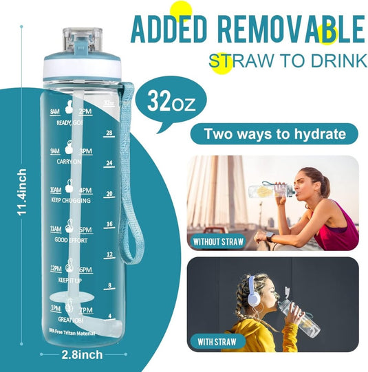 MYFOREST Tritan waterfles, grote tuit voor slok/verwijderbaar rietje voor slok, Anti-kras tijdmarkering voor motiverende hydratatie, valbestendig/BPA-vrij - happygetfit.com