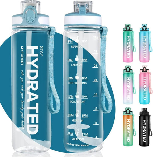 MYFOREST Tritan waterfles, grote tuit voor slok/verwijderbaar rietje voor slok, Anti-kras tijdmarkering voor motiverende hydratatie, valbestendig/BPA-vrij - happygetfit.com