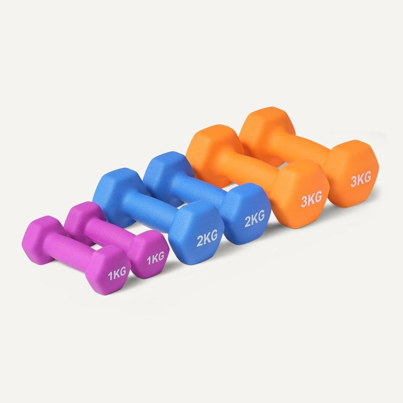 Laad afbeelding in Galerijviewer, Neopreen halterset met zeshoekige antislip dumbbells in verschillende gewichten – handgewichten – krachttraining - happygetfit.com
