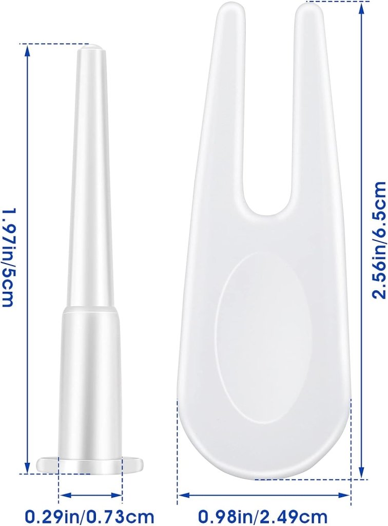 Laad afbeelding in Galerijviewer, Deze twee witte plastic haringen zijn gemaakt van duurzaam materiaal en meten 5 cm bij 0,29 cm en 6,5 cm bij 2,49 cm, perfect voor gebruik in de &quot;Altijd een perfect opgeblazen fitnessbal – Ontdek de reparatieset voor een fitnessbal!.
