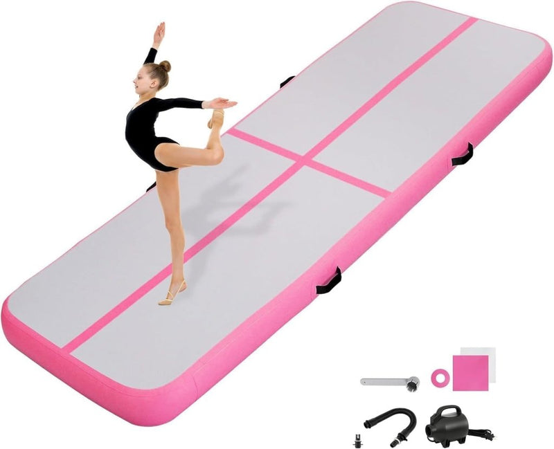 Laden Sie das Bild in Galerie -Viewer, Opblaasbare turnmat 3 m x 1 m – 10 cm dik – airtrack met luchtpomp voor gymnastiek, tumbling, yoga en fitness – roze - happygetfit.com
