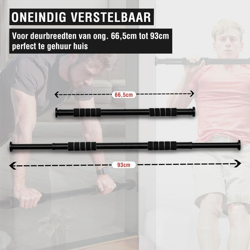 Laad afbeelding in Galerijviewer, Op de afbeelding ziet u de Optrekstang voor je deurkozijn, een verstelbare optrekstang met een bereik van 66,5 cm tot 93 cm, perfect voor deurkozijnen in huis. Voorzien van antislip handgrepen voor een stevige grip en zonder schroeven te monteren.
