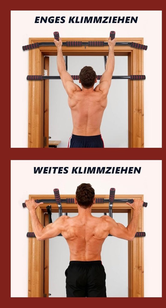 Laad afbeelding in Galerijviewer, Optrekstang voor deurkozijn zonder boren met meerdere gripposities rood – pull-up bar – krachttraining - happygetfit.com
