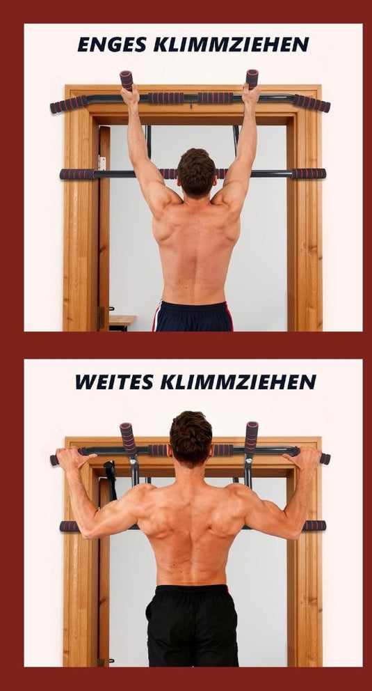 Optrekstang voor deurkozijn zonder boren met meerdere gripposities rood – pull-up bar – krachttraining - happygetfit.com