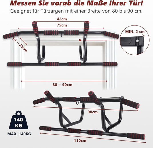 Optrekstang voor deurkozijn zonder boren met meerdere gripposities rood – pull-up bar – krachttraining - happygetfit.com