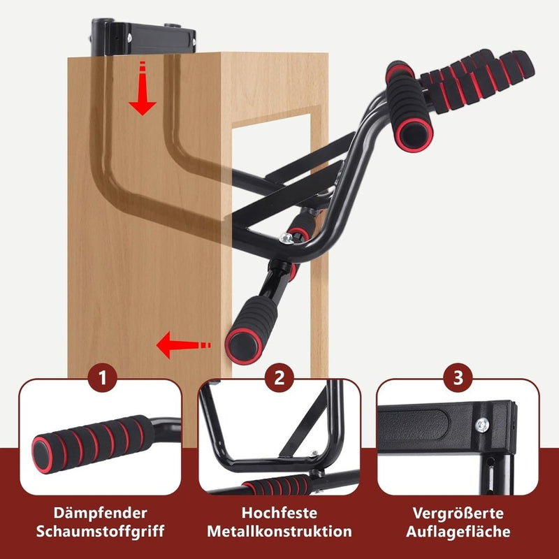 Laad afbeelding in Galerijviewer, Optrekstang voor deurkozijn zonder boren met meerdere gripposities rood – pull-up bar – krachttraining - happygetfit.com
