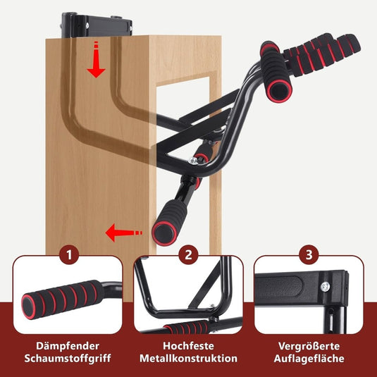 Optrekstang voor deurkozijn zonder boren met meerdere gripposities rood – pull-up bar – krachttraining - happygetfit.com