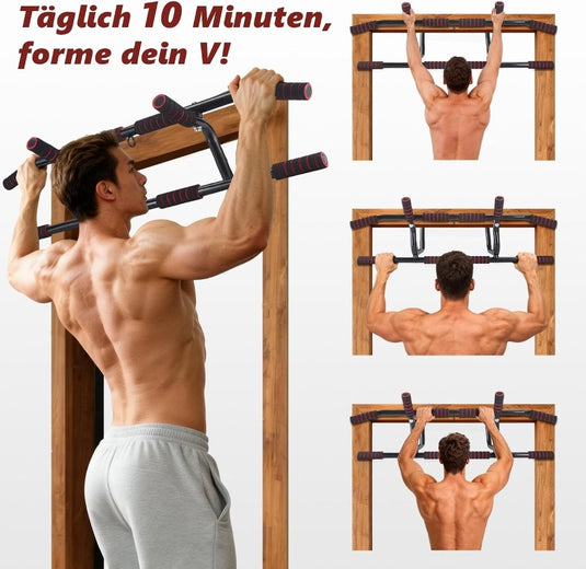 Optrekstang voor deurkozijn zonder boren met meerdere gripposities rood – pull-up bar – krachttraining - happygetfit.com