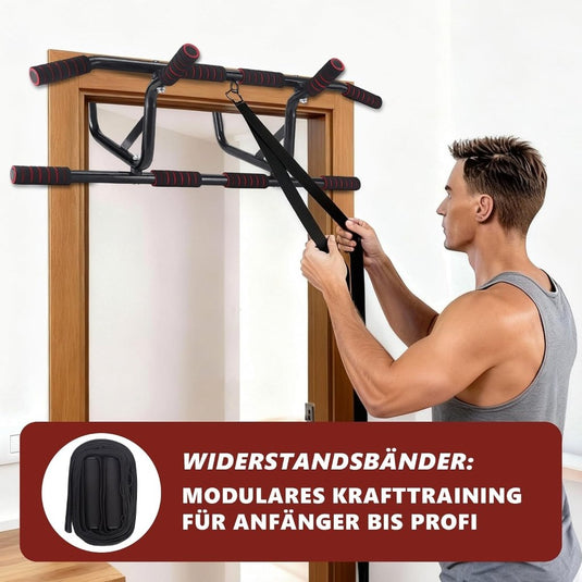 Optrekstang voor deurkozijn zonder boren met meerdere gripposities rood – pull-up bar – krachttraining - happygetfit.com