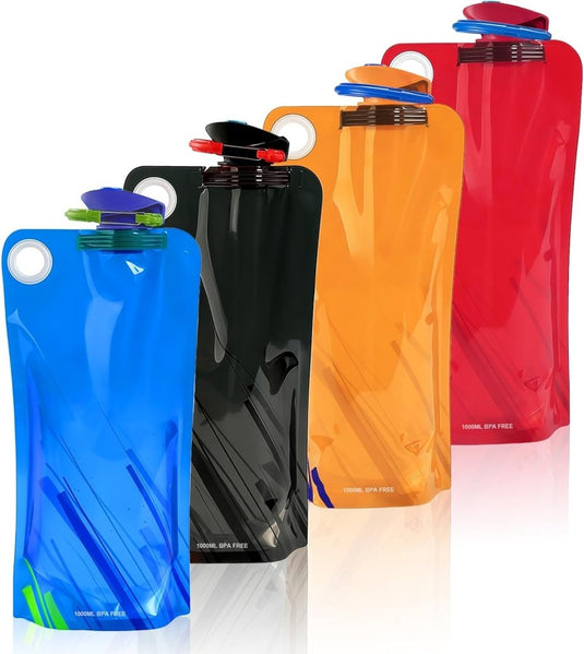 Opvouwbare drinkflessen 2 stuks van 1000 ml met karabijnhaak van BPA-vrij kunststof voor wandelen fietsen en kamperen – waterzakken – reisdrinkflessen - happygetfit.com