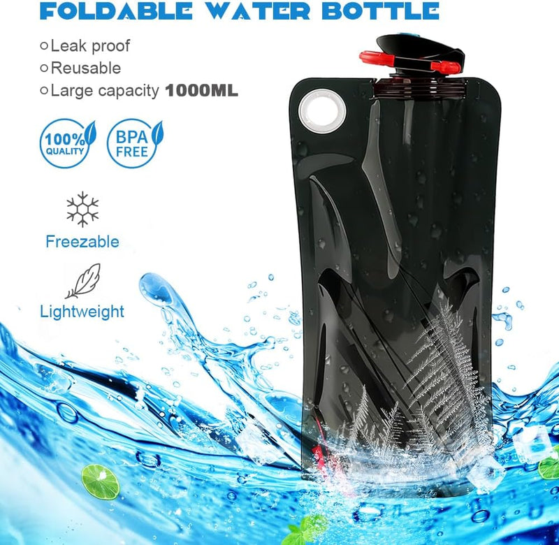 Bild im Galerie-Viewer laden, Opvouwbare drinkflessen 2 stuks van 1000 ml met karabijnhaak van BPA-vrij kunststof voor wandelen fietsen en kamperen – waterzakken – reisdrinkflessen - happygetfit.com
