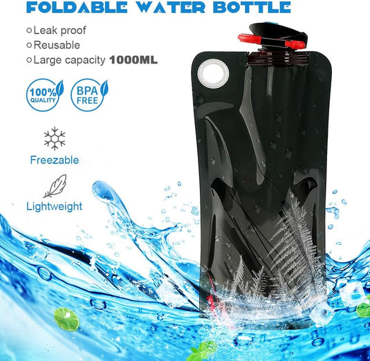 Opvouwbare drinkflessen 2 stuks van 1000 ml met karabijnhaak van BPA-vrij kunststof voor wandelen fietsen en kamperen – waterzakken – reisdrinkflessen - happygetfit.com