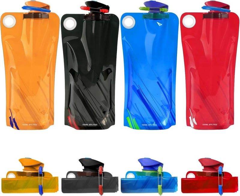 Bild im Galerie-Viewer laden, Opvouwbare drinkflessen 2 stuks van 1000 ml met karabijnhaak van BPA-vrij kunststof voor wandelen fietsen en kamperen – waterzakken – reisdrinkflessen - happygetfit.com

