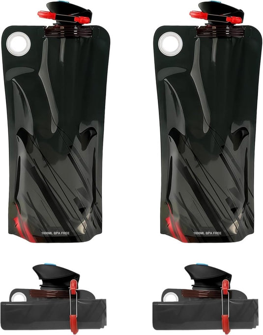 Opvouwbare drinkflessen 2 stuks van 1000 ml met karabijnhaak van BPA-vrij kunststof voor wandelen fietsen en kamperen – waterzakken – reisdrinkflessen - happygetfit.com