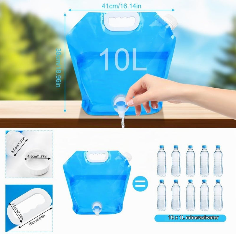 Laad afbeelding in Galerijviewer, Opvouwbare waterjerrycan 10 liter van BPA-vrij kunststof met kraantje en draaghandgreep voor kamperen en reizen – waterreservoir – campingwatertank - happygetfit.com
