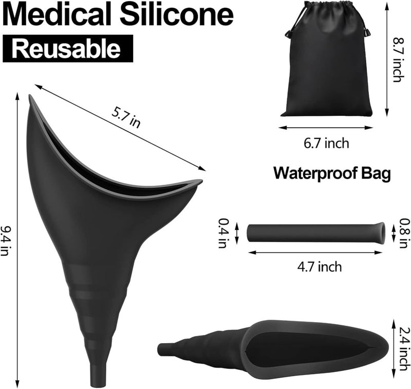 Load image into Gallery viewer, De Multifunctionele reisurinoir voor vrouwen is een zwarte herbruikbare medische siliconen trechter, ontworpen voor gemak met precieze afmetingen. Het bevat een waterdichte tas, waardoor het het perfecte draagbare hulpmiddel is voor onderweg.
