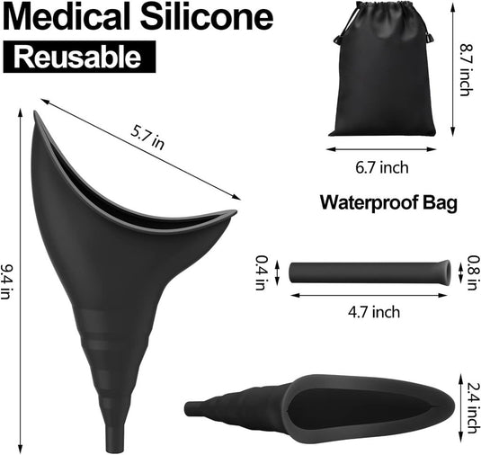 De Multifunctionele reisurinoir voor vrouwen is een zwarte herbruikbare medische siliconen trechter, ontworpen voor gemak met precieze afmetingen. Het bevat een waterdichte tas, waardoor het het perfecte draagbare hulpmiddel is voor onderweg.