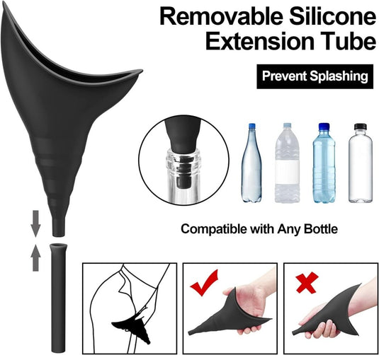 De Multifunctionele reisurinoir voor vrouwen is een zwarte siliconen verlengbuis met een trechter om spatten te voorkomen. Compatibel met verschillende flessen, het is een ideaal draagbaar hulpmiddel voor vrouwen die reizen. Inclusief illustraties voor gebruik en correcte behandeling.