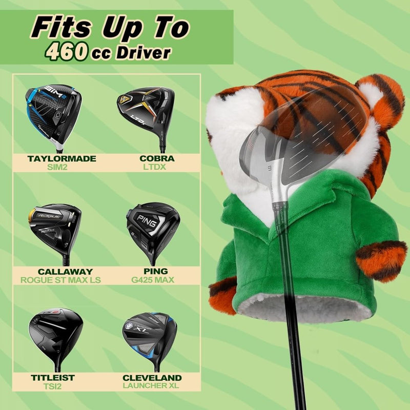 Carica l’immagine nel visualizzatore della galleria, Pluche golfclubhoes met tijger in groene jas voor drivers tot 460cc – dierenheadcover – golfcadeau - happygetfit.com
