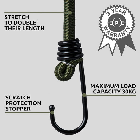 Pluvios - 12" (30CM) Bungee Cords with Hooks Heavy Duty Outdoor - 10 Pack – Choice of Sizes - Multi-Purpose Elastic Bungee Straps for Luggage, Camping - Weatherproof & UV - happygetfit.com