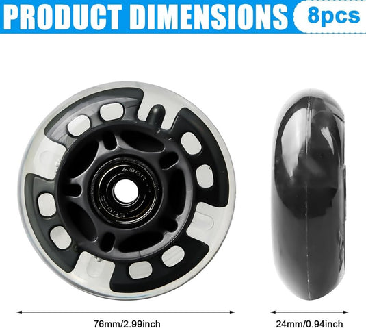 PORFOYO Inline skate wielen, 8 stuks lichtgevende rolschaatsen, wielen 76 mm, inline skate onderdelen, wielen met kogellagers, universele PU-wielen voor alle soorten rolschaatsen (76 mm) - happygetfit.com