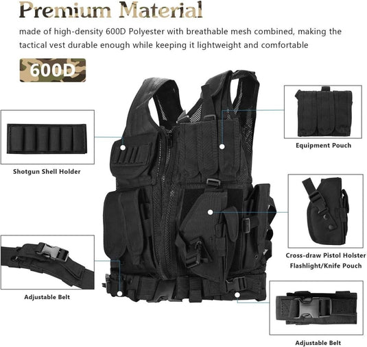 ProCase Tactical Vest Molle Vest for Man Women Youth, Breathable Tactical Vest with Numerous Pouches - Combat Training Vest –Black, 600D Polyester - happygetfit.com