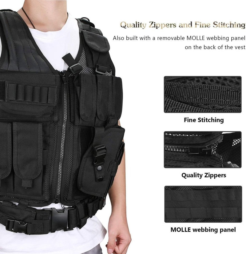 Laad afbeelding in Galerijviewer, ProCase Tactical Vest Molle Vest for Man Women Youth, Breathable Tactical Vest with Numerous Pouches - Combat Training Vest –Black, 600D Polyester - happygetfit.com
