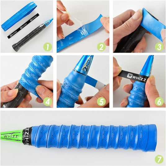 Leer stap voor stap hoe je een blauwe grip om je rackethandvat wikkelt met onze gids. Gebruik de gelabelde stappen 1 tot en met 7 en eindig met zwarte WHIZZ-tape voor zweetabsorptie en antislipvoordelen met onze premium PU-materiaal overgrips van "Optimaliseer jouw spel met onze anti-slip racket overgrips!.