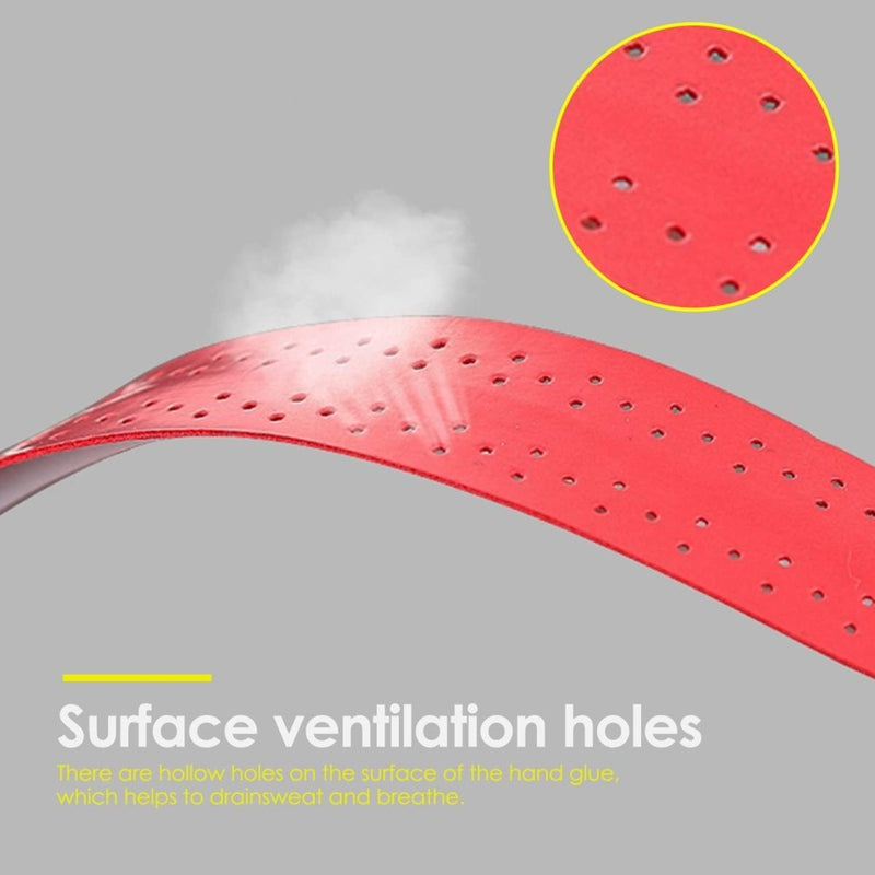 Load image into Gallery viewer, De rode band is voorzien van ventilatiegaten voor dampafvoer en zweetafvoer. Het is gemaakt van PU-materiaal, dat zweetabsorptie en een antislipoppervlak biedt voor racketspelers. Inzet toont close-up van de gaten. Tekst luidt: &quot;Optimaliseer jouw spel met onze anti-slip racket overgrips!.
