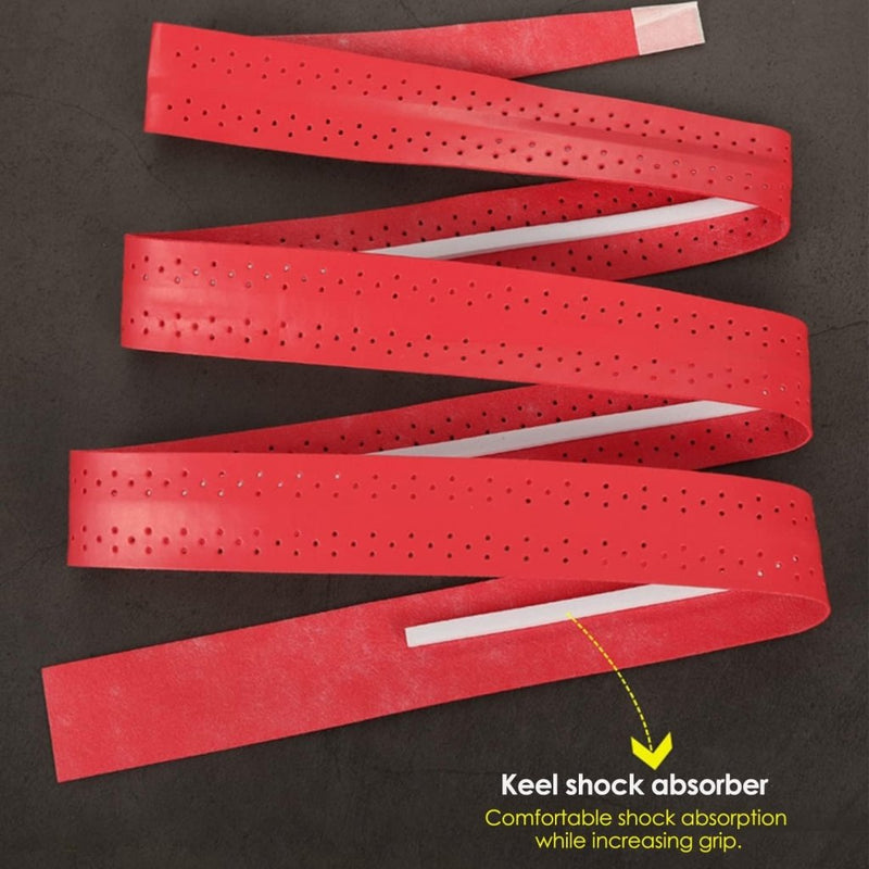 Load image into Gallery viewer, De rode geperforeerde griptape, genaamd &quot;Keel shock absorber&quot;, is voorzien van PU-materiaal voor verbeterd comfort en grip. De klevende achterkant biedt uitstekende zweetabsorptie en antislipprestaties. Probeer ons product: Optimaliseer jouw spel met onze anti-slip racket overgrips!.
