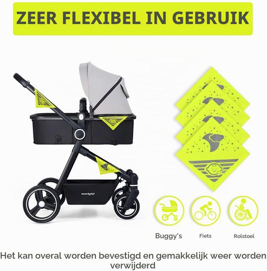 Reflecterende kinderwagenstickers 4 stuks 12 x 12 cm van Oxford-stof met klittenband – veiligheidsreflectoren – zichtbaarheid - happygetfit.com