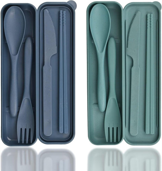 Reisbestek set van 2 met etui blauw en groen - happygetfit.com