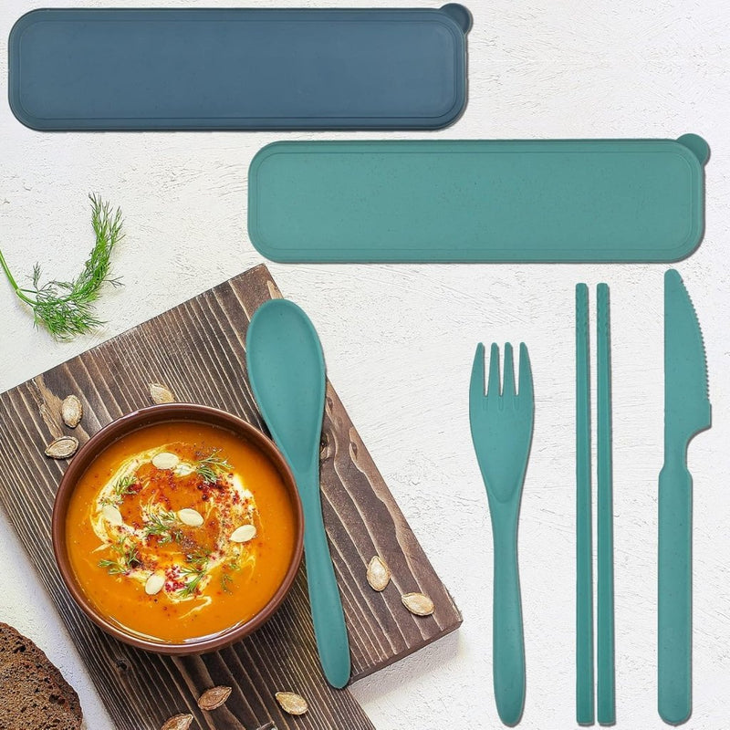 Laad afbeelding in Galerijviewer, Reisbestek set van 2 met etui blauw en groen - happygetfit.com
