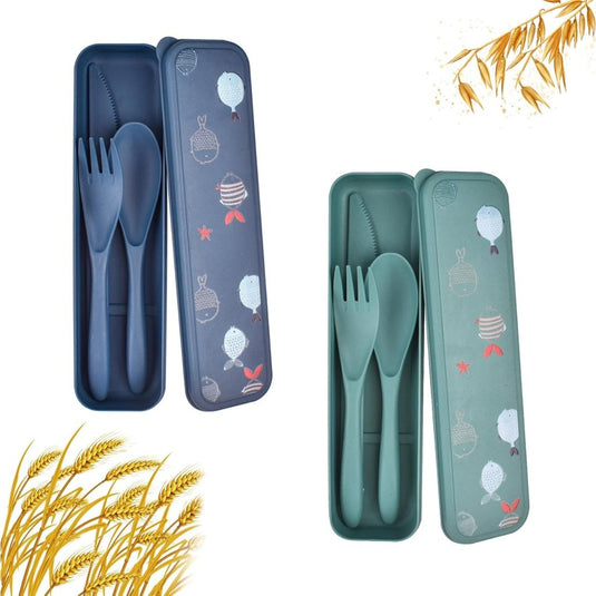 Reisbestek set van 2 met etui blauw en groen - happygetfit.com