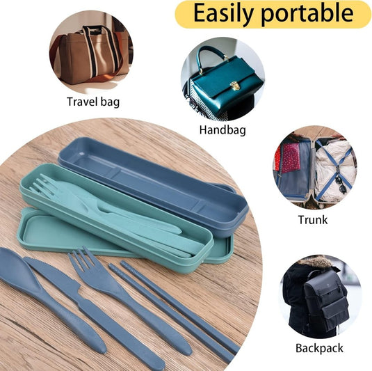 Reisbestek set van 2 met etui blauw en groen - happygetfit.com