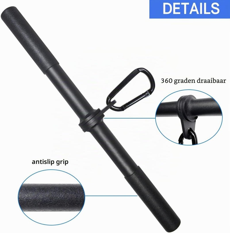 Załaduj obraz do przeglądarki galerii, Roterende rechte kabelstang 42,5 cm met karabijnhaak – lat pulldown bar – kabelaccessoire - happygetfit.com
