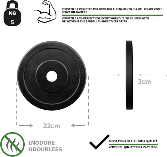 Rubberen gietijzeren schijven G5 HT SPORT Ø gat 25 mm voor sportschool en thuisgymnastiek van 0,5 tot 20 kg voor stuur en halters - happygetfit.com