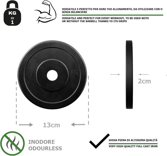 Rubberen gietijzeren schijven G5 HT SPORT Ø gat 25 mm voor sportschool en thuisgymnastiek van 0,5 tot 20 kg voor stuur en halters - happygetfit.com