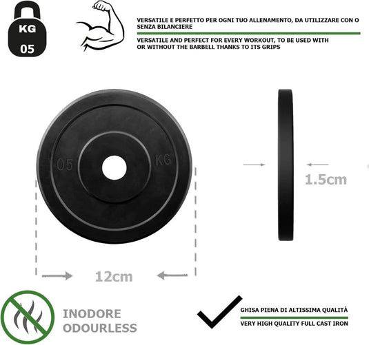 Rubberen gietijzeren schijven G5 HT SPORT Ø gat 25 mm voor sportschool en thuisgymnastiek van 0,5 tot 20 kg voor stuur en halters - happygetfit.com