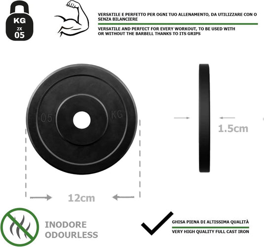 Rubberen gietijzeren schijven G5 HT SPORT Ø gat 25 mm voor sportschool en thuisgymnastiek van 0,5 tot 20 kg voor stuur en halters - happygetfit.com