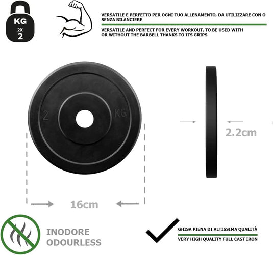 Rubberen gietijzeren schijven G5 HT SPORT Ø gat 25 mm voor sportschool en thuisgymnastiek van 0,5 tot 20 kg voor stuur en halters - happygetfit.com