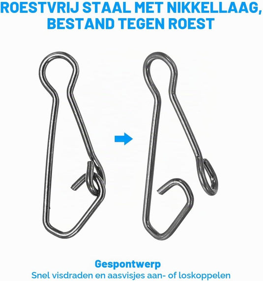 RVS vis karabijnhaak met speld & tonwentel - Sterke snelwissel speldwentel - Visaas clip zoet & zout water - happygetfit.com