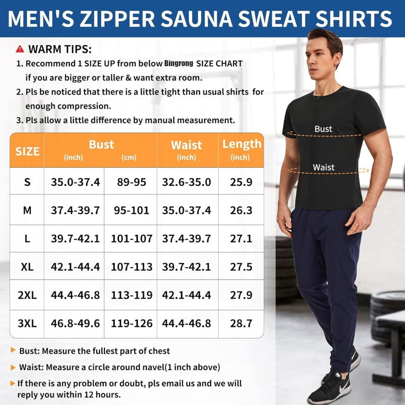 Laad afbeelding in Galerijviewer, Bekijk de maattabel voor het &quot;Sauna shirt voor heren: Versnel je afslankdoelen&quot; om borst-, taille- en lengtematen in inches en centimeters te vinden. Het is verkrijgbaar in de maten S tot 3XL, wat je helpt vetverbranding te stimuleren en tegelijkertijd een perfecte pasvorm garandeert.
