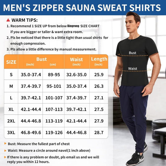 Bekijk de maattabel voor het "Sauna shirt voor heren: Versnel je afslankdoelen" om borst-, taille- en lengtematen in inches en centimeters te vinden. Het is verkrijgbaar in de maten S tot 3XL, wat je helpt vetverbranding te stimuleren en tegelijkertijd een perfecte pasvorm garandeert.