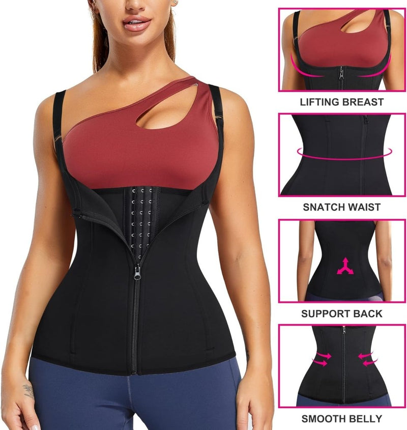 Load image into Gallery viewer, De persoon draagt het &quot;Transformeer je taille met ons sauna vest voor dames&quot; in het zwart over een roodbruin topje. Zijpanelen zorgen voor borstlifting, taille-snatching, rugondersteuning en een gladde buik - perfect voor fitnessdoelen.
