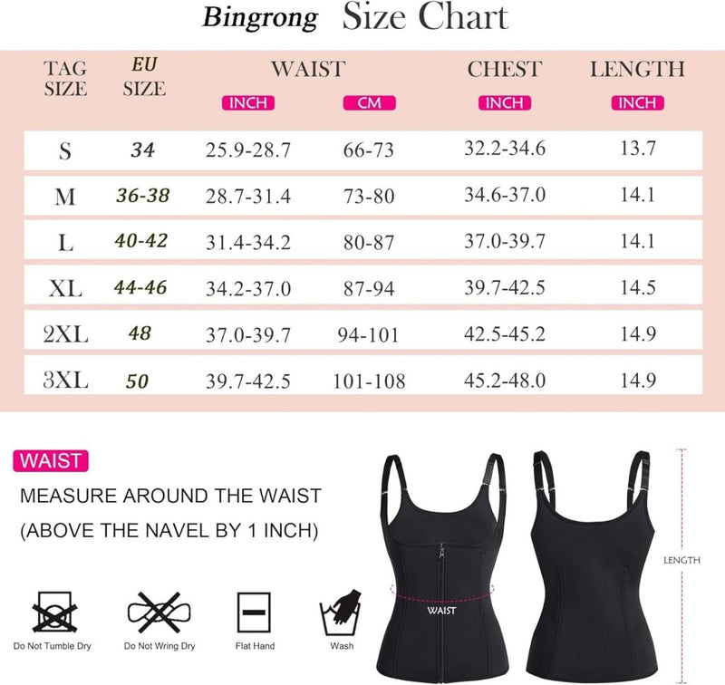 Laad afbeelding in Galerijviewer, Vind uw perfecte pasvorm met ons Transformeer je taille sauna vest voor dames. De maattabel bevat taille- en lengtematen in cm en inches, plus wasinstructies. Een handig diagram laat zien waar u uw taille moet meten, ideaal om fitnessdoelen te bereiken terwijl u geniet van een sauna vest effect.
