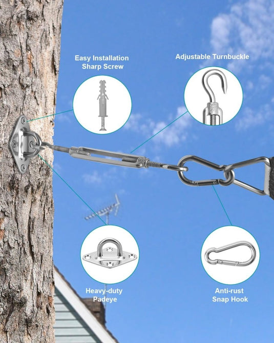 Schaduwzeil bevestigingsset 40-delig van RVS met verstelbare spanschroeven van 5 inch – zonnezeil montage – zeilspanners - happygetfit.com