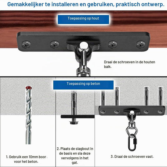 Schommel ophangbeugels 2 stuks van staal met 360 graden draaifunctie en karabijnhaken – schommelbevestiging – bokszakophanging - happygetfit.com