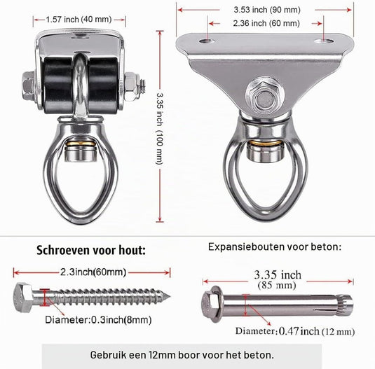Schommel plafondhaak van 304 RVS met 360 graden draaifunctie en bevestigingsbouten – draaibare ophanghaak – schommelmontage - happygetfit.com