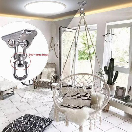 Schommel plafondhaak van 304 RVS met 360 graden draaifunctie en bevestigingsbouten – draaibare ophanghaak – schommelmontage - happygetfit.com